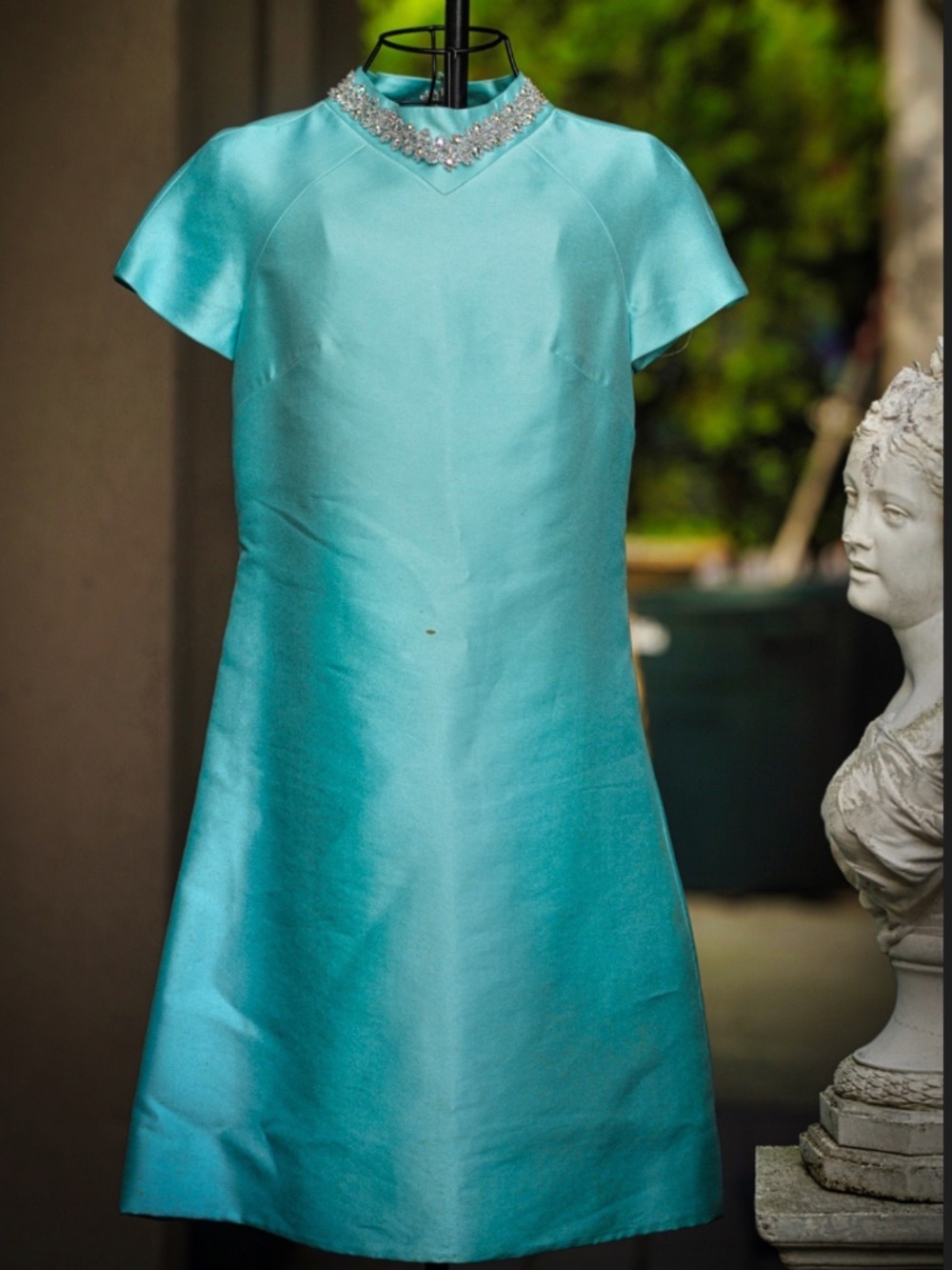 Vintage Turquoise Satin Jeweled Collar Dress